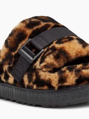 UGG Leopard Print Fuzzy Slide Mules in Brown and Black